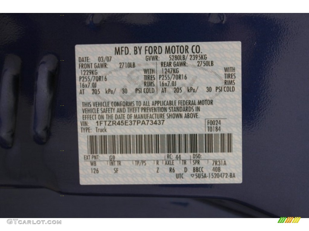 2007 Ford Ranger XLT SuperCab 4x4 Color Code Photos