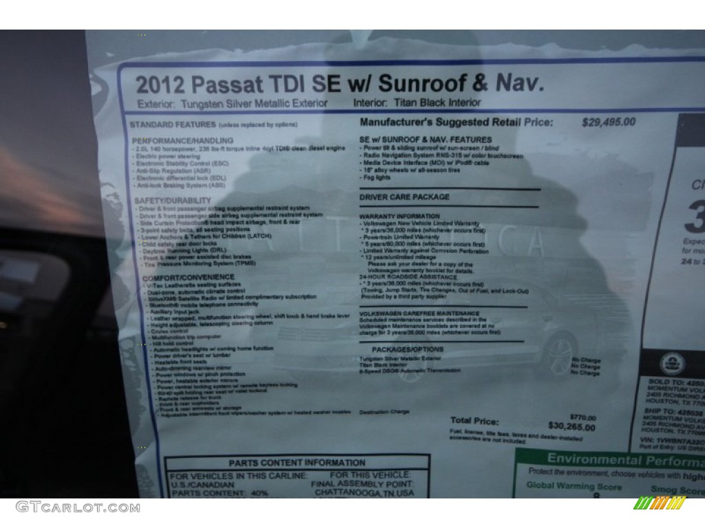 2012 Passat TDI SE - Tungsten Silver Metallic / Titan Black photo #18