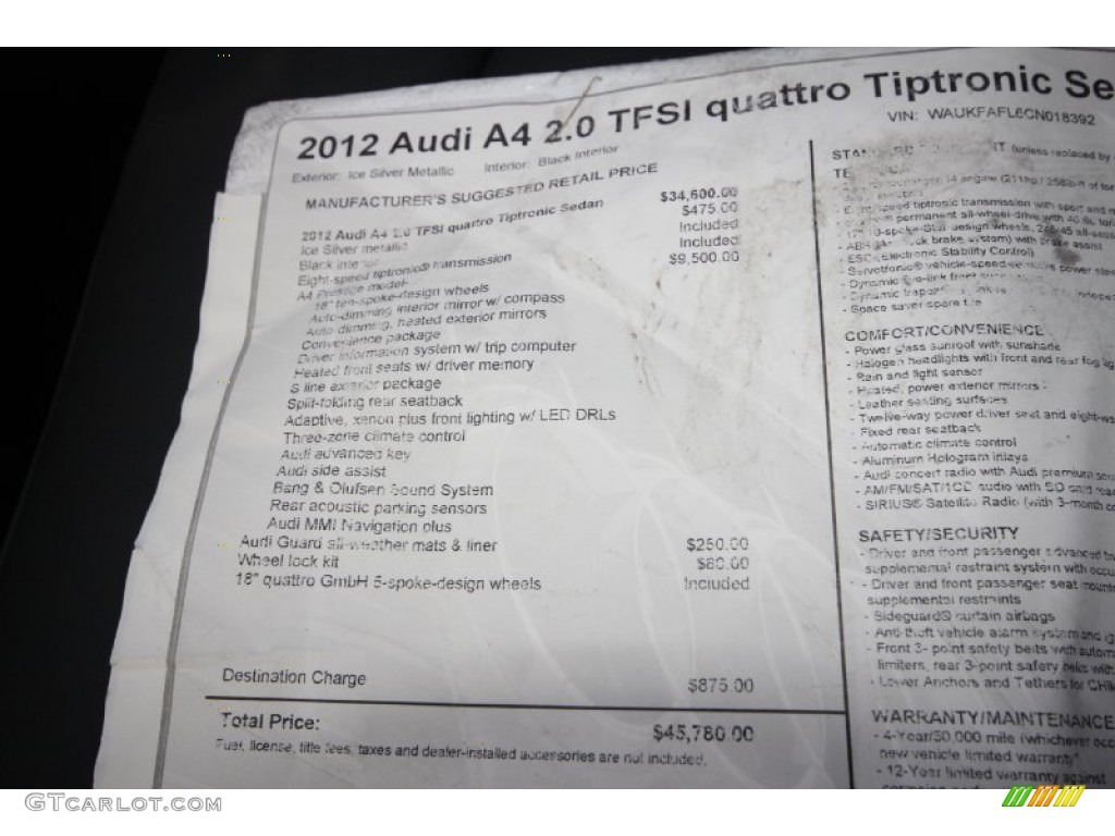 2012 Audi A4 2.0T quattro Sedan Window Sticker Photo #60762691