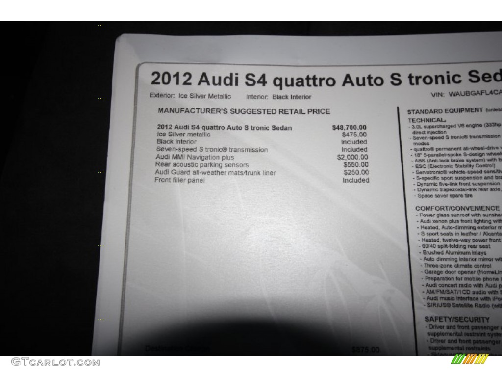 2012 Audi S4 3.0T quattro Sedan Window Sticker Photo #60763436