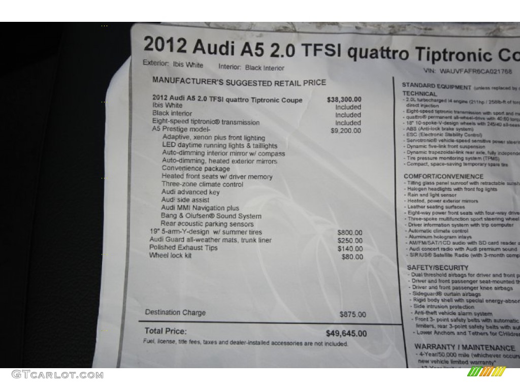 2012 Audi A5 2.0T quattro Coupe Window Sticker Photo #60763508