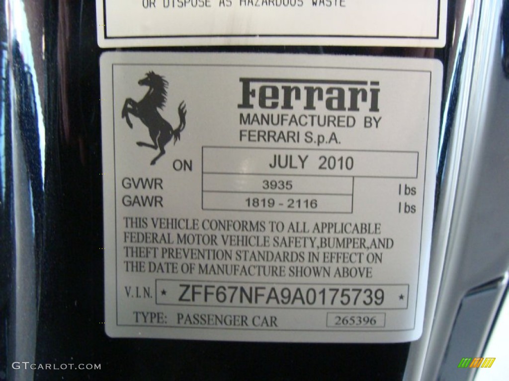 2010 Ferrari 458 Italia Info Tag Photo #60780098
