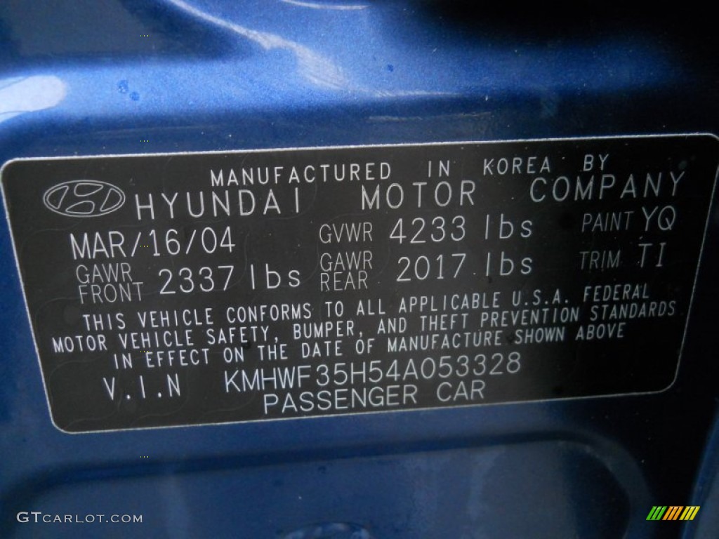 2004 Sonata Color Code YQ for Ardor Blue Photo #60794810