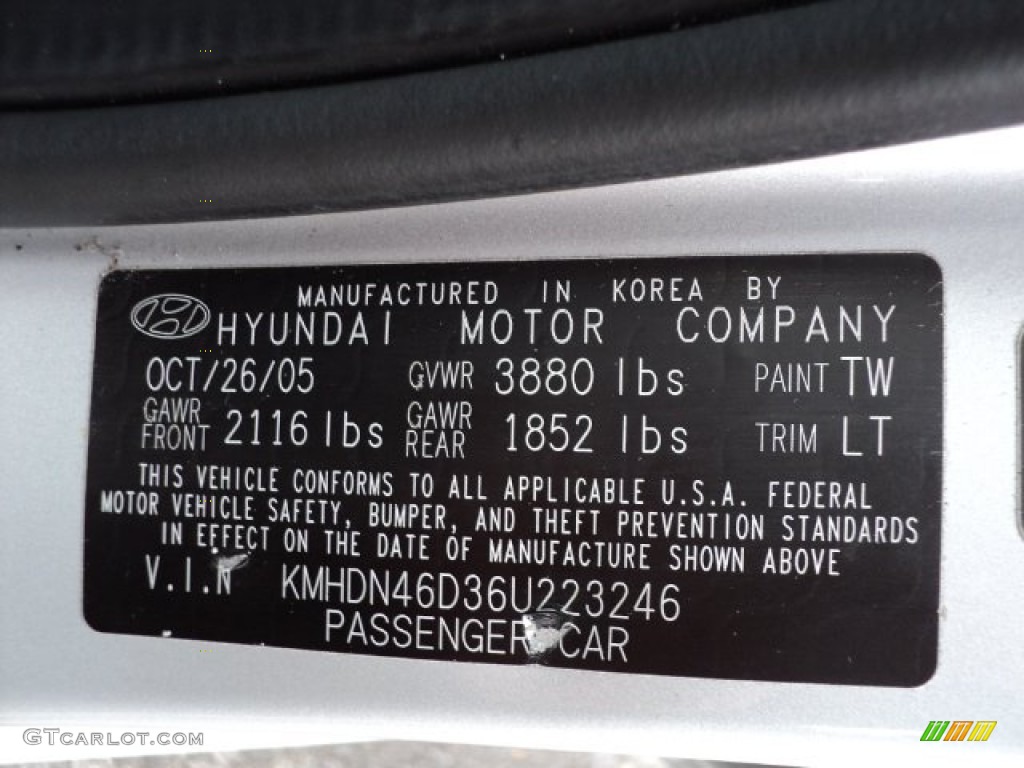 2006 Elantra Color Code TW for Sterling Silver Photo #60796358