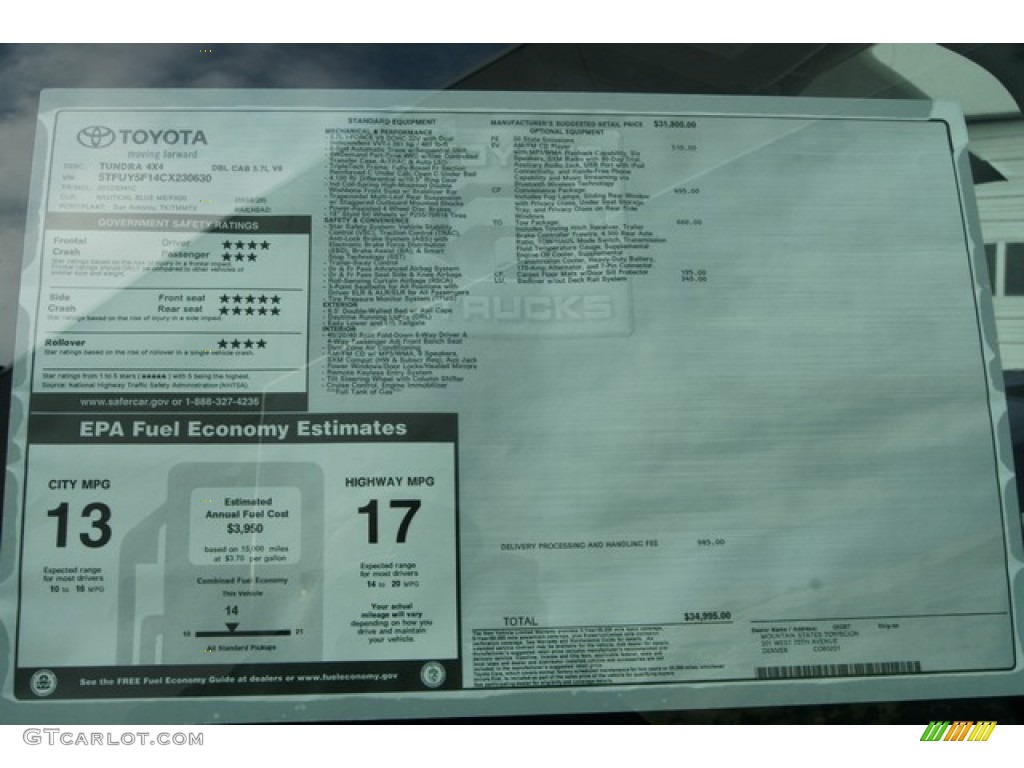 2012 Toyota Tundra Double Cab 4x4 Window Sticker Photo #60796916