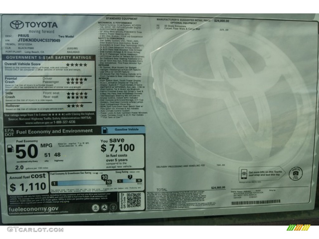 2012 Toyota Prius 3rd Gen Two Hybrid Window Sticker Photo #60797693