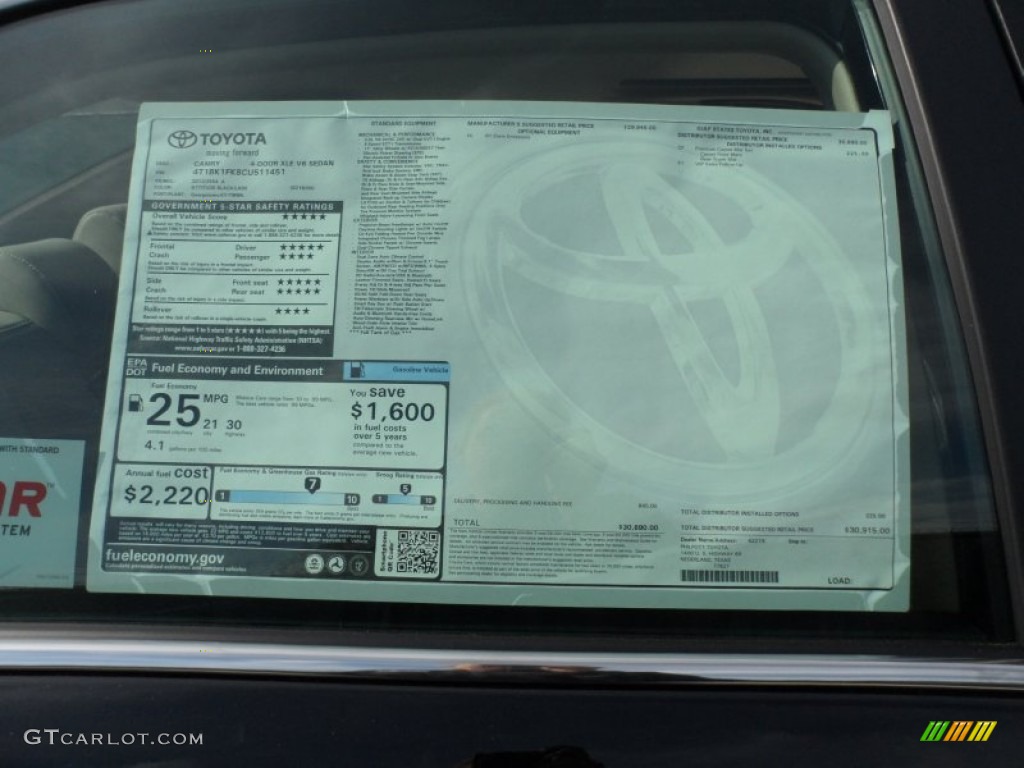 2012 Toyota Camry XLE V6 Window Sticker Photo #60800636
