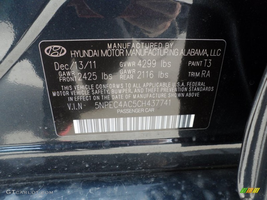 2012 Sonata Color Code T3 for Pacific Blue Pearl Photo #60800969