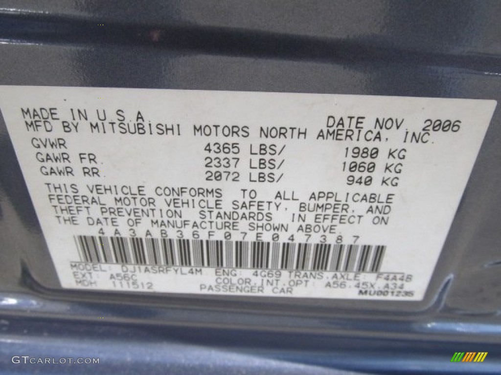 2007 Galant Color Code A56 for Still Blue Pearl Photo #60807603