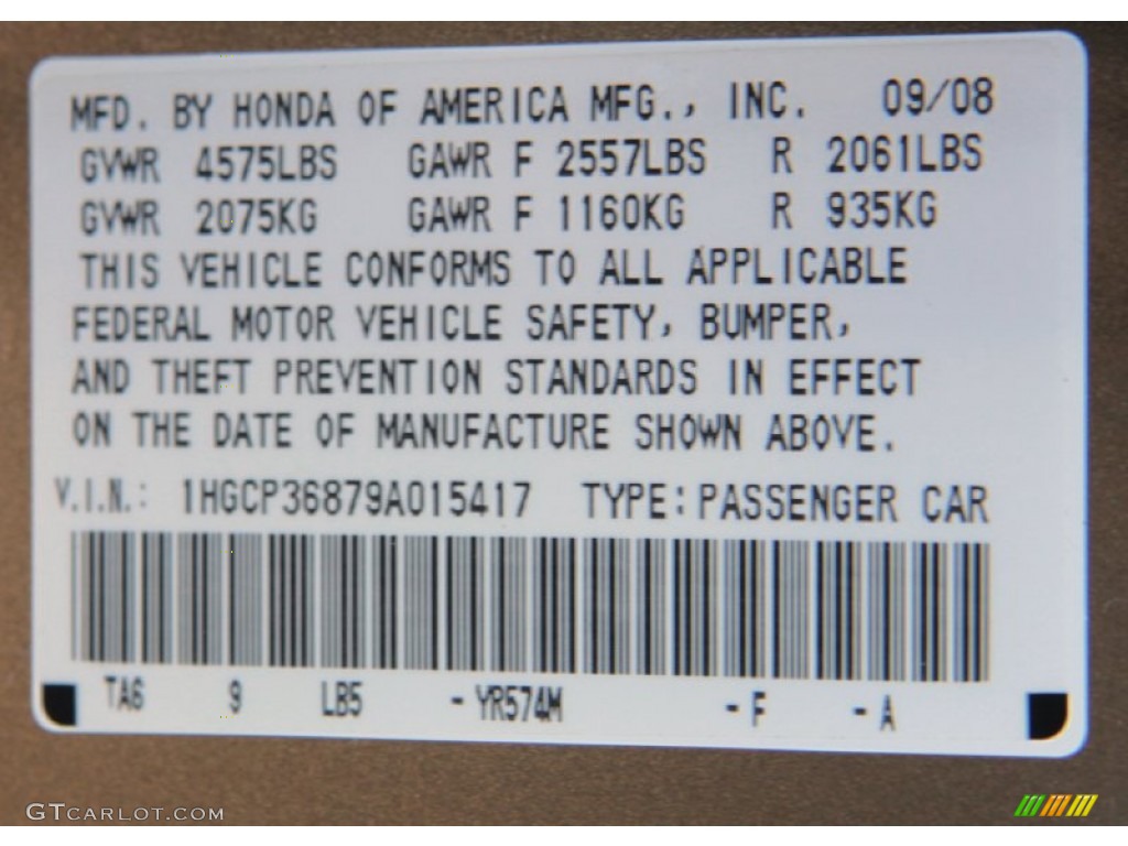 2009 Accord Color Code YR574M for Bold Beige Metallic Photo #60816225