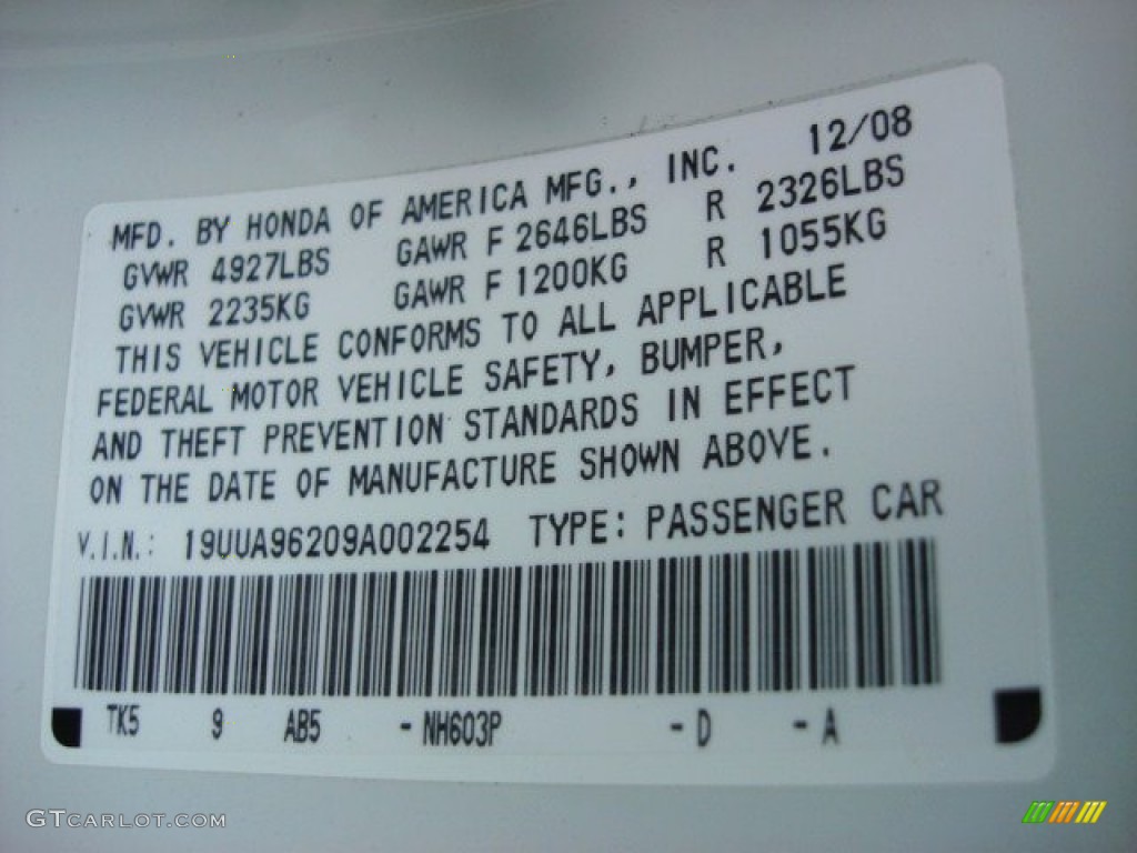 2009 TL Color Code NH603P for White Diamond Pearl Photo #60822649