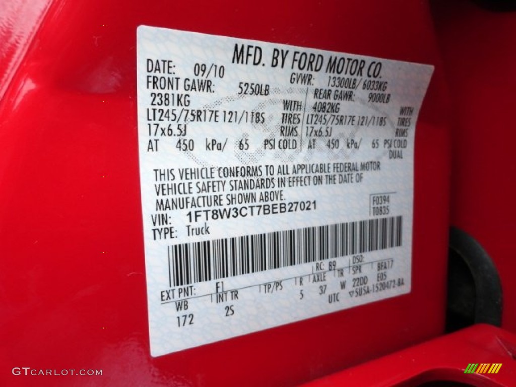 2011 F350 Super Duty Color Code F1 for Vermillion Red Photo #60825949