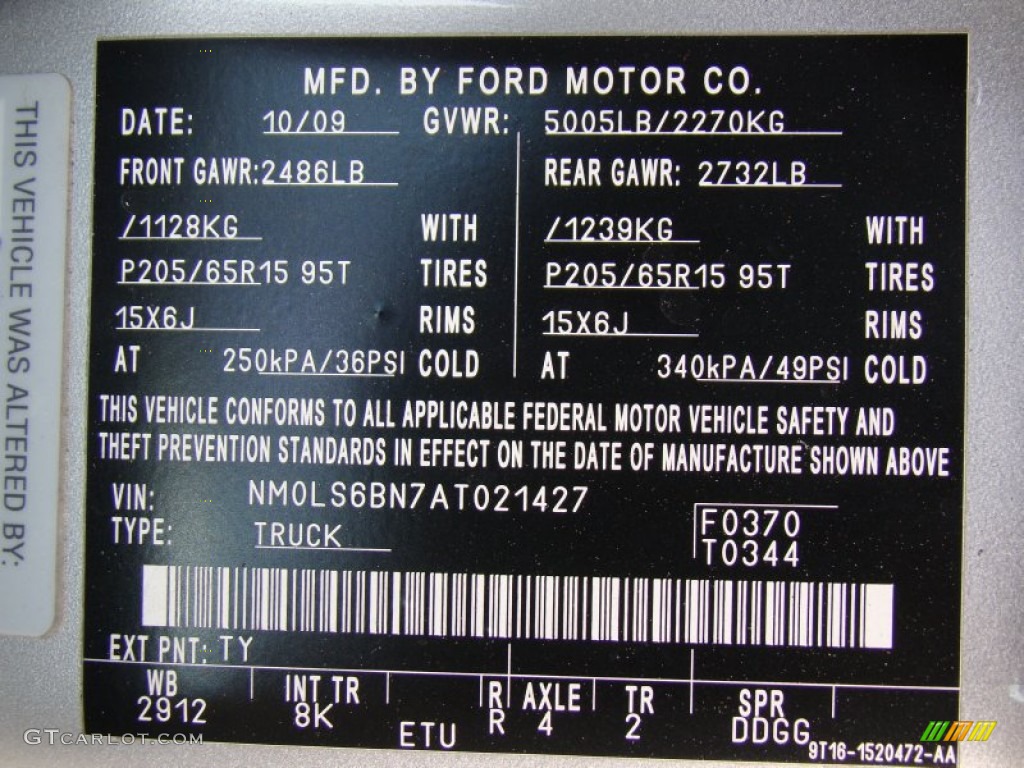 2010 Transit Connect Color Code TY for Silver Metallic Photo #60831688