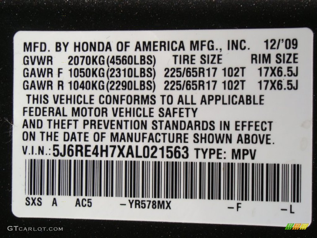 2010 Honda CR-V EX-L AWD Color Code Photos