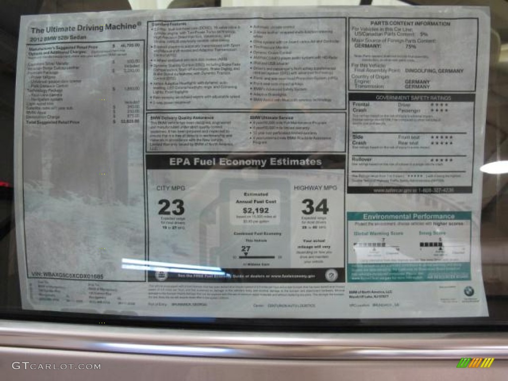 2012 BMW 5 Series 528i Sedan Window Sticker Photo #60834627