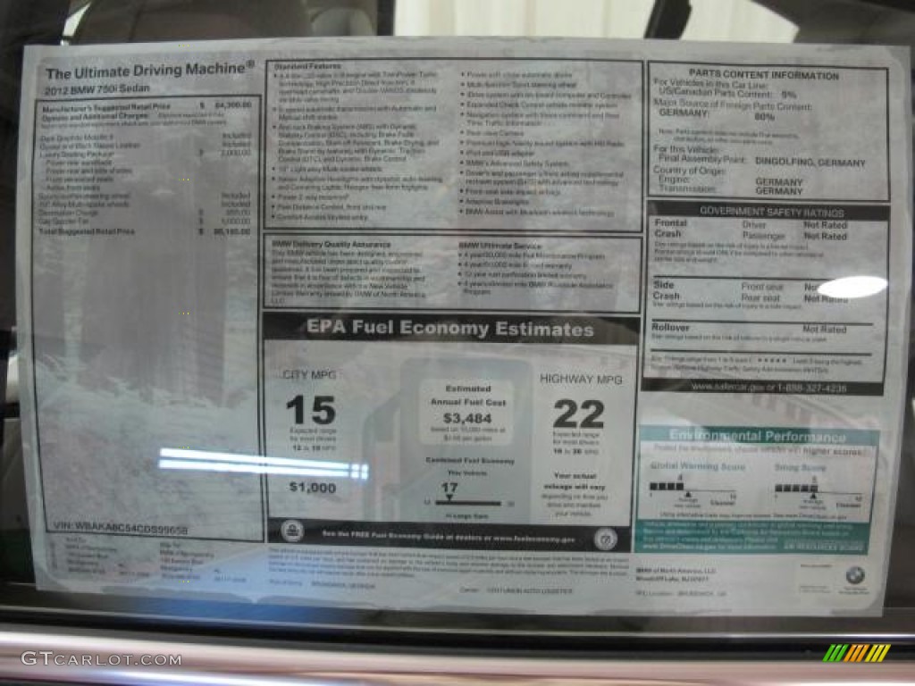 2012 BMW 7 Series 750i Sedan Window Sticker Photo #60834864
