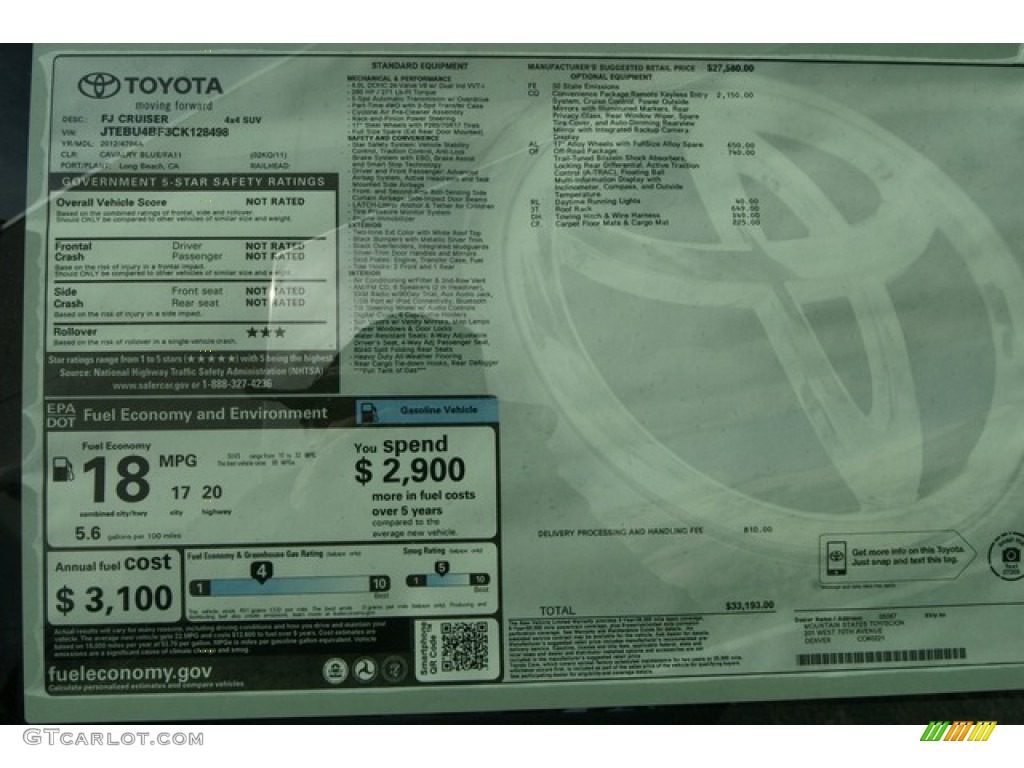2012 Toyota FJ Cruiser 4WD Window Sticker Photo #60836837