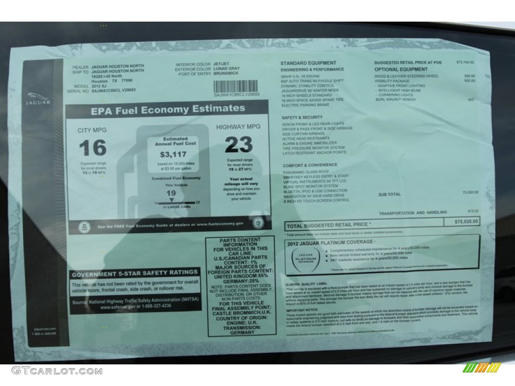 2012 Jaguar XJ XJ Window Sticker Photo #60838082
