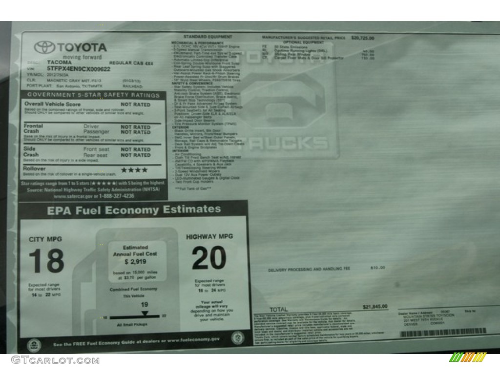 2012 Toyota Tacoma Regular Cab 4x4 Window Sticker Photo #60862628