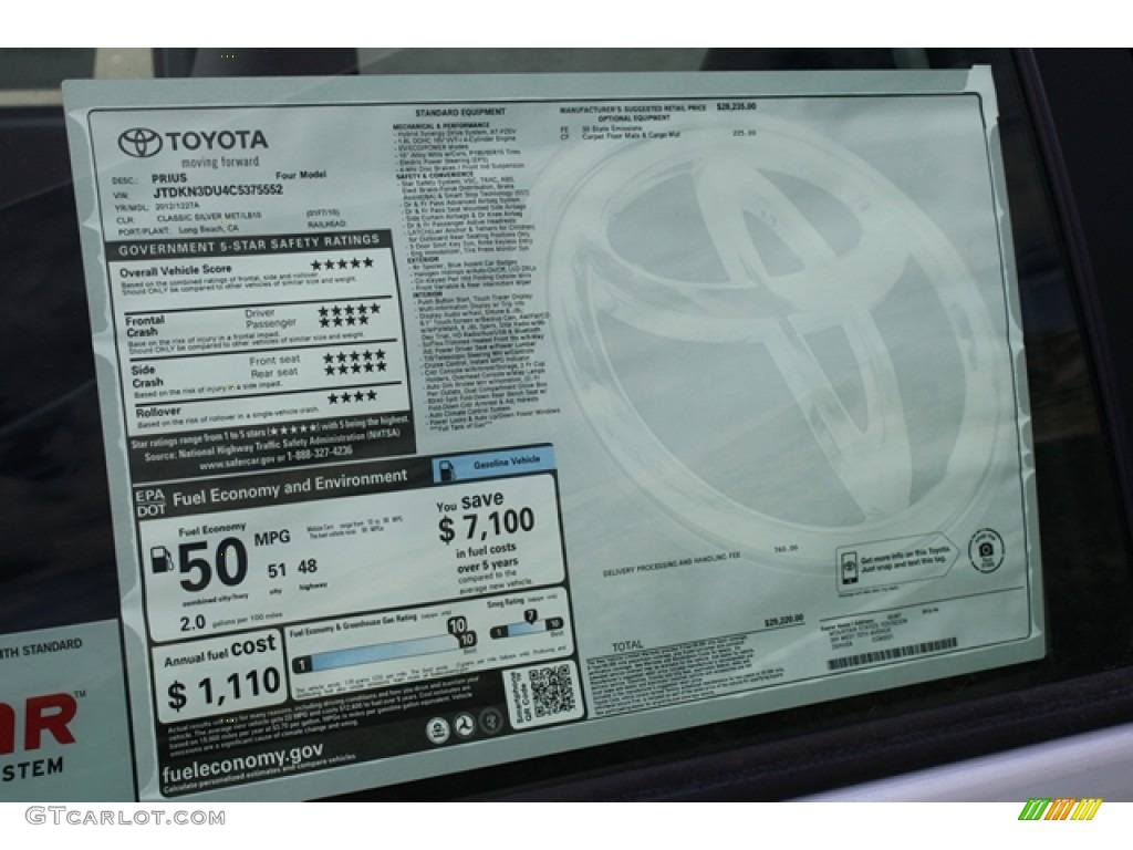 2012 Toyota Prius 3rd Gen Four Hybrid Window Sticker Photos