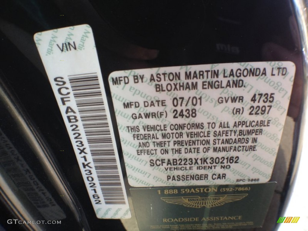 2001 Aston Martin DB7 Vantage Coupe Info Tag Photos