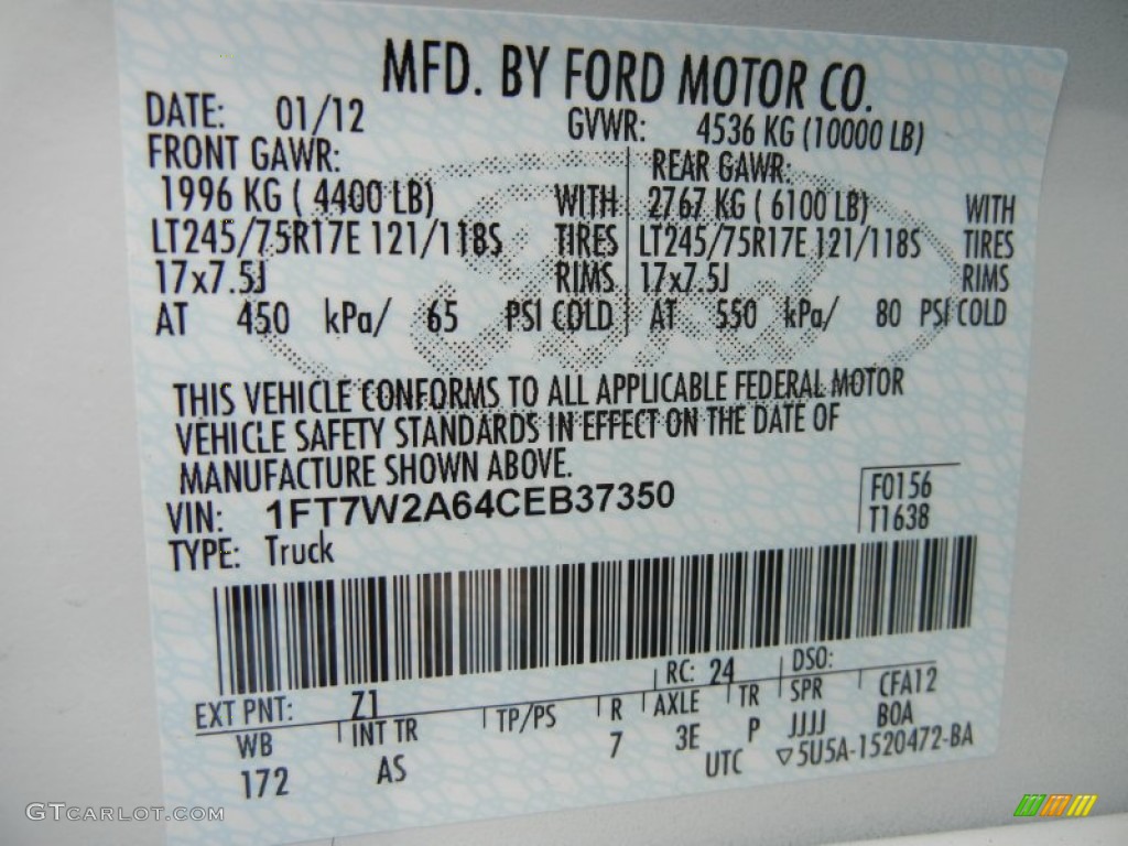 2012 Ford F250 Super Duty XL Crew Cab Color Code Photos