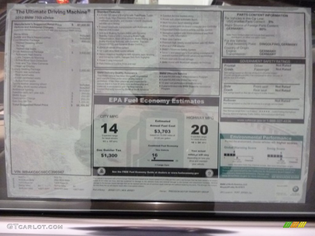 2012 BMW 7 Series 750i xDrive Sedan Window Sticker Photo #60890956