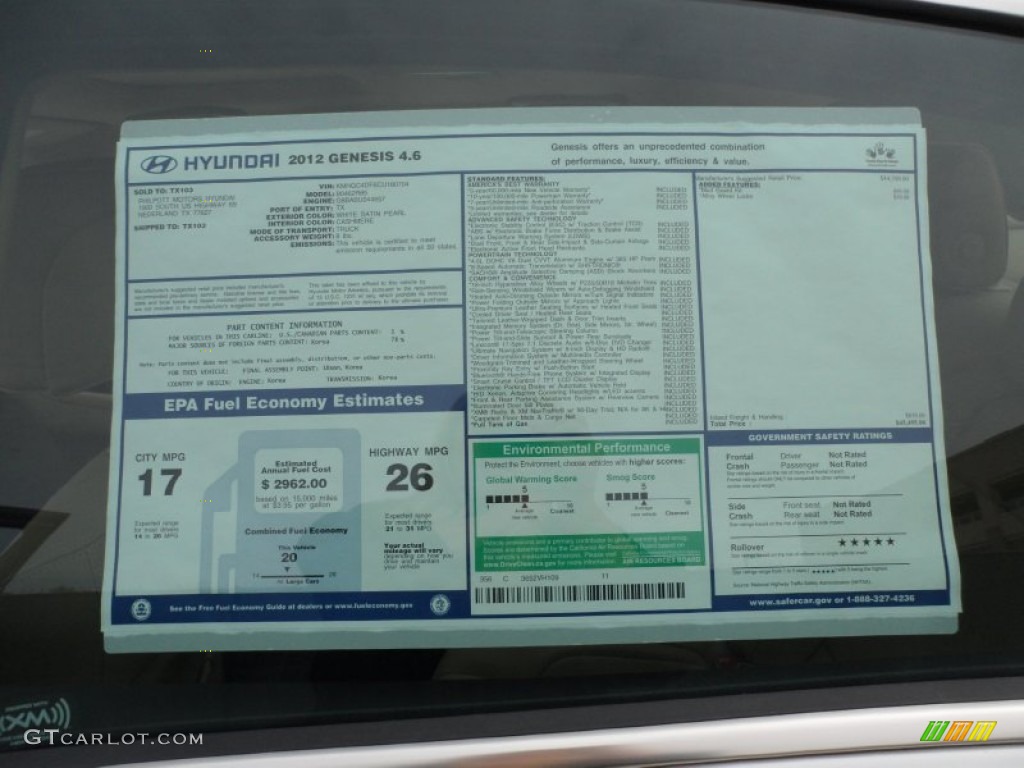 2012 Hyundai Genesis 4.6 Sedan Window Sticker Photos