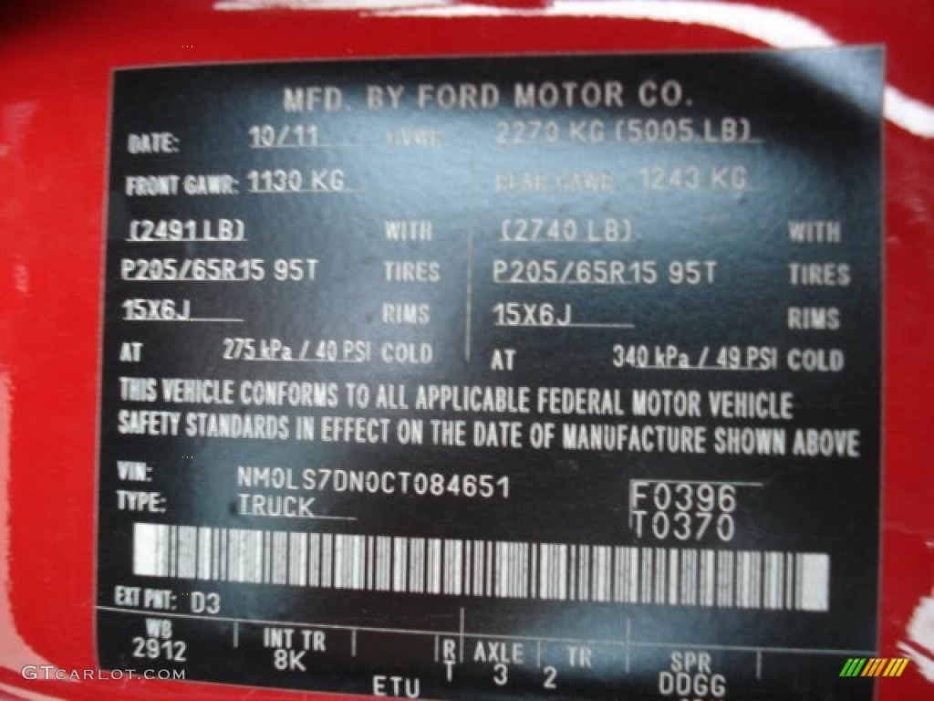 2012 Transit Connect Color Code D3 for Torch Red Photo #60897241