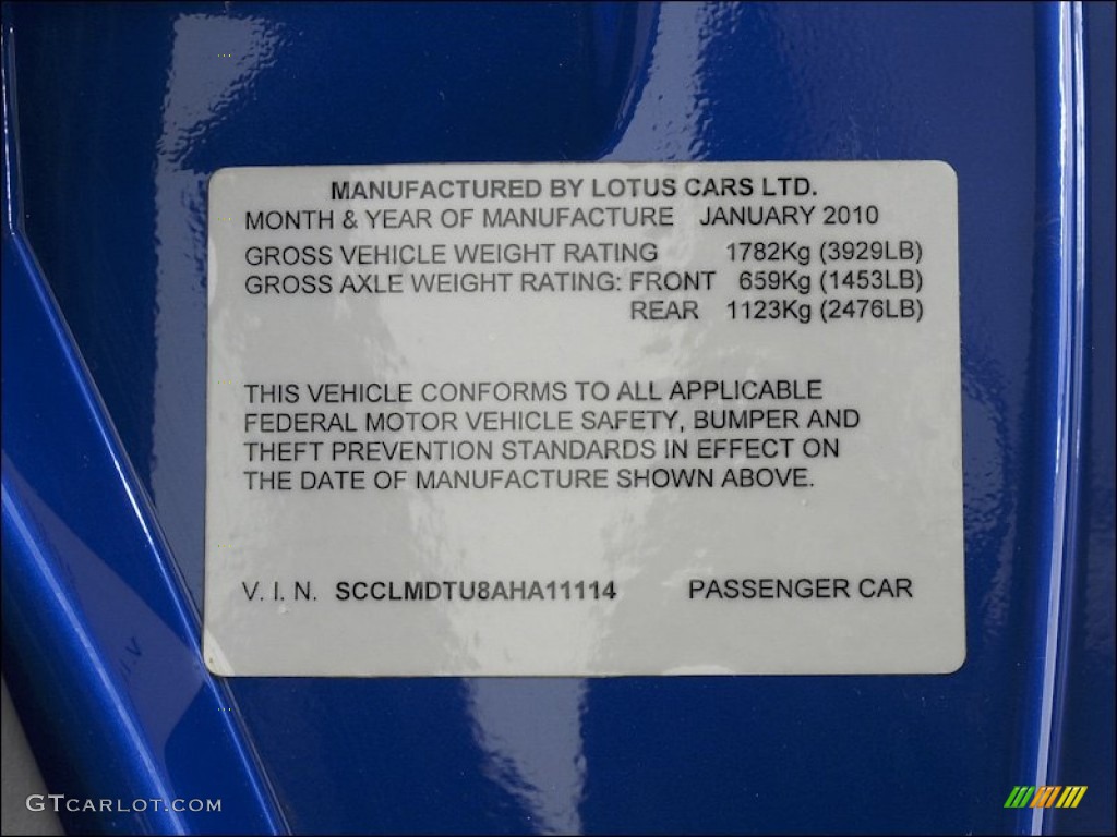 2010 Lotus Evora Coupe Info Tag Photo #60910017