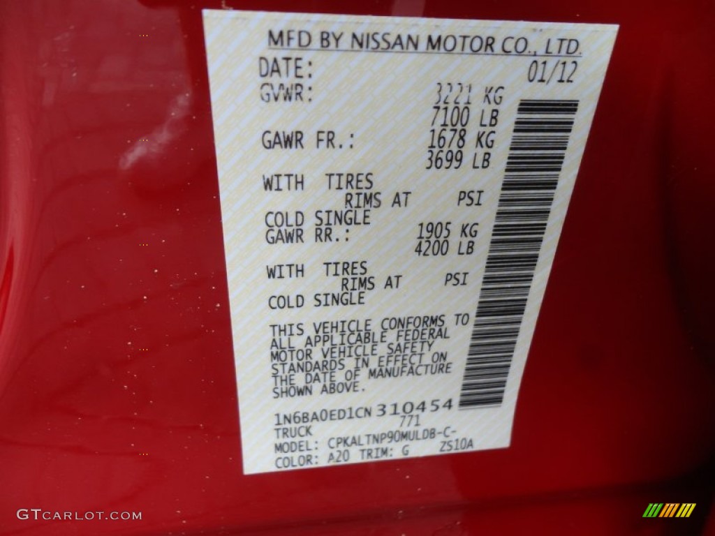 2012 Titan Color Code A20 for Red Alert Photo #60925190