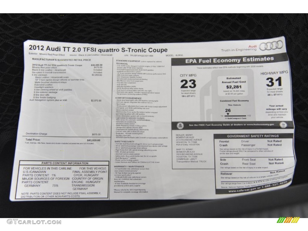 2012 Audi TT 2.0T quattro Coupe Window Sticker Photo #60930344