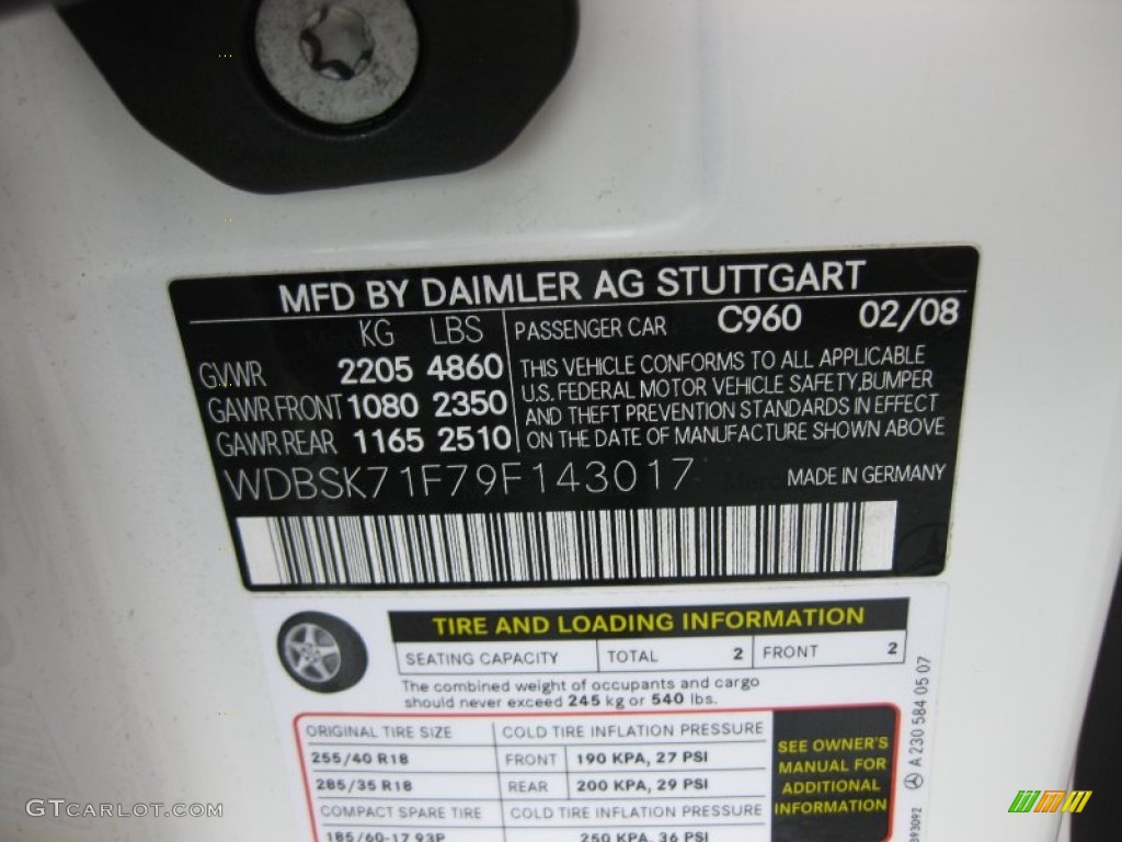 2009 SL Color Code 960 for Alabaster White Photo #60939129