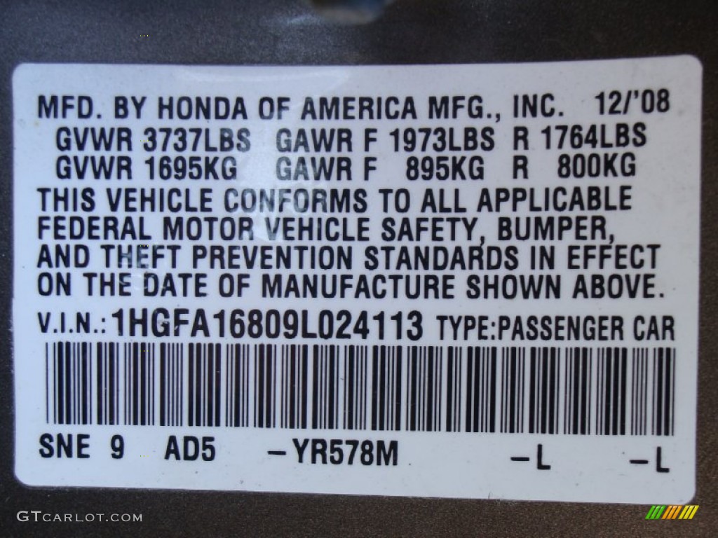 2009 Honda Civic EX Sedan Color Code Photos