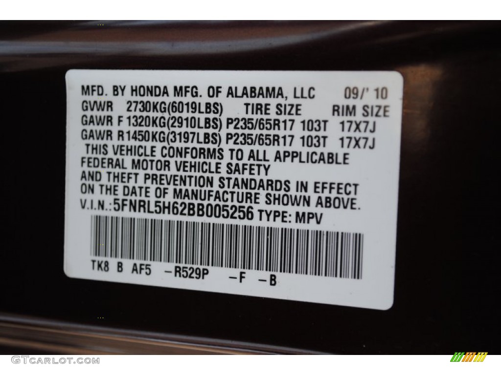 2011 Odyssey Color Code R529P for Dark Cherry Pearl Photo #60947739