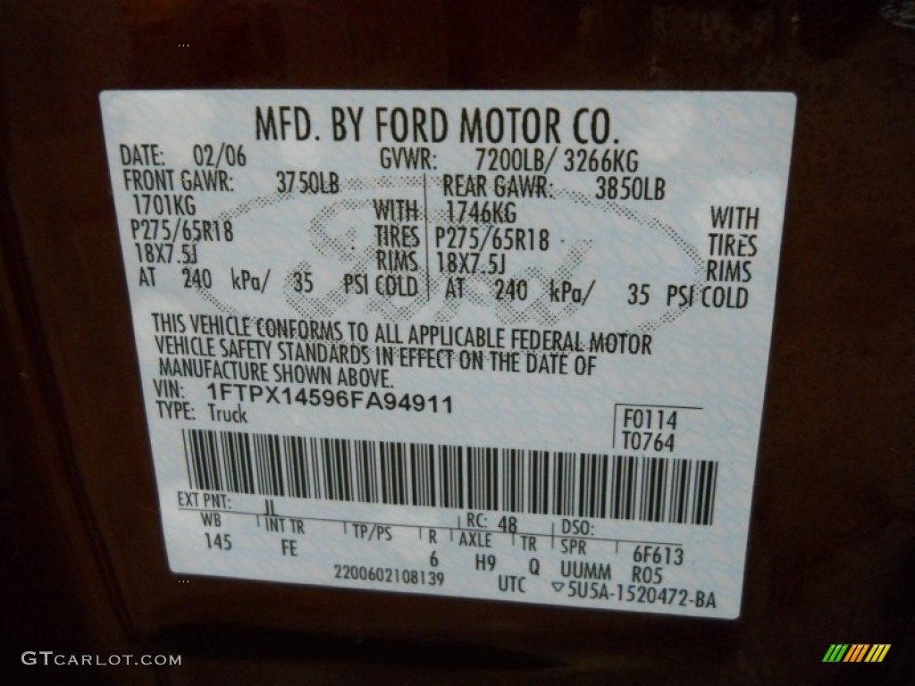 2006 F150 Color Code JL for Dark Toreador Red Metallic Photo #60949022