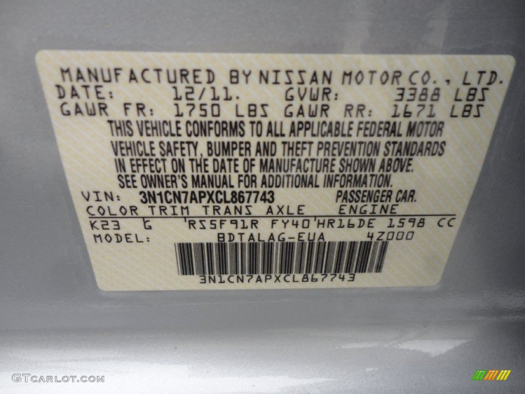 2012 Versa Color Code K23 for Brilliant Silver Metallic Photo #60956616