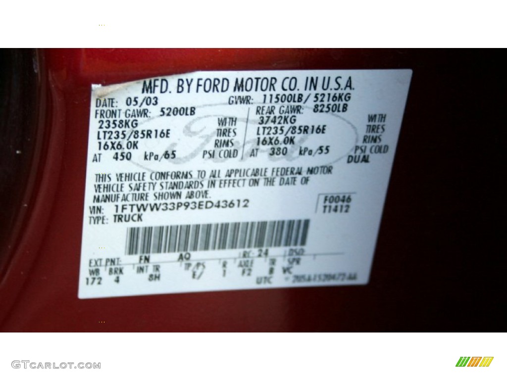 2003 F350 Super Duty Color Code FN for Toreador Red Metallic Photo #60968349