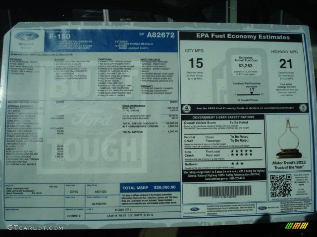 2012 Ford F150 XLT SuperCab 4x4 Window Sticker Photo #60971388
