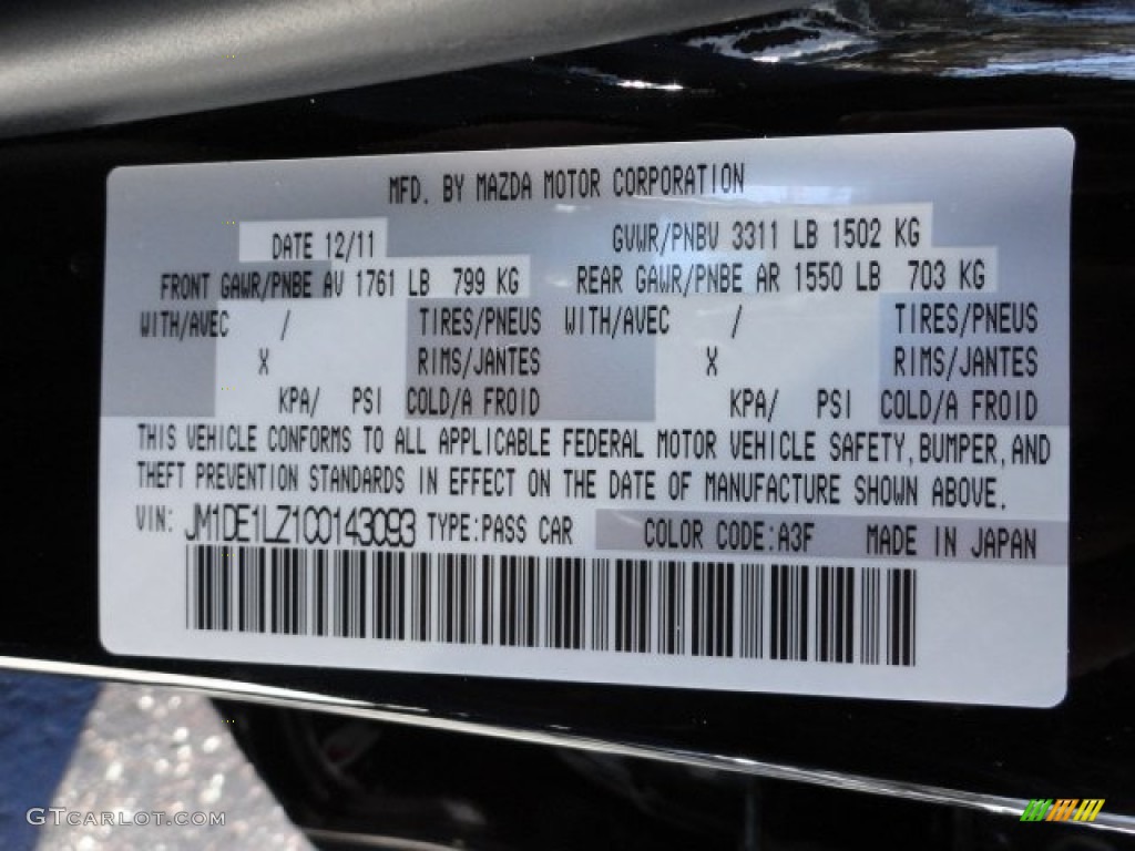 2012 MAZDA2 Color Code A3F for Brilliant Black Photo #60984373