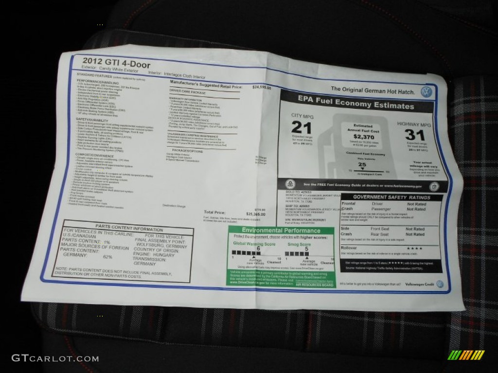 2012 Volkswagen GTI 4 Door Window Sticker Photo #60988777