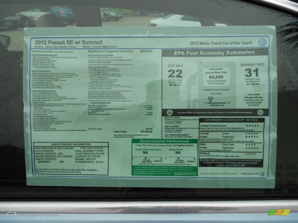2012 Volkswagen Passat 2.5L SE Window Sticker Photo #60990289