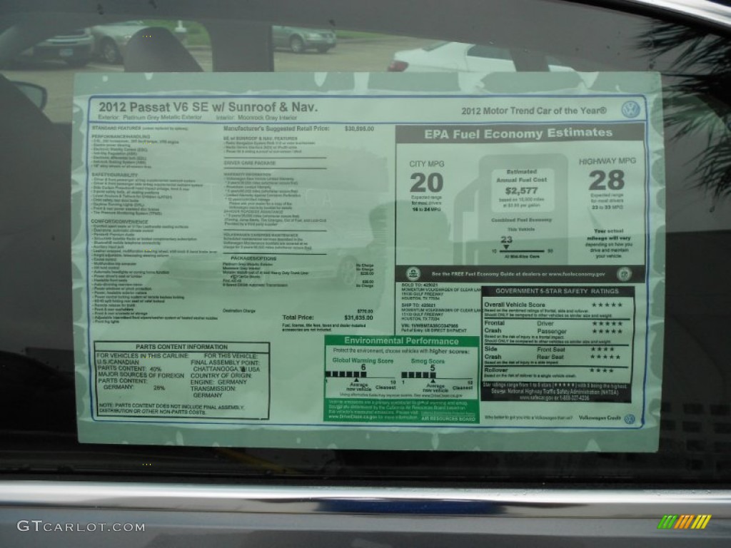 2012 Volkswagen Passat V6 SE Window Sticker Photos
