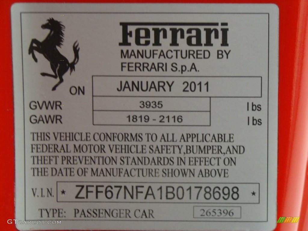 2011 Ferrari 458 Italia Info Tag Photo #60992545