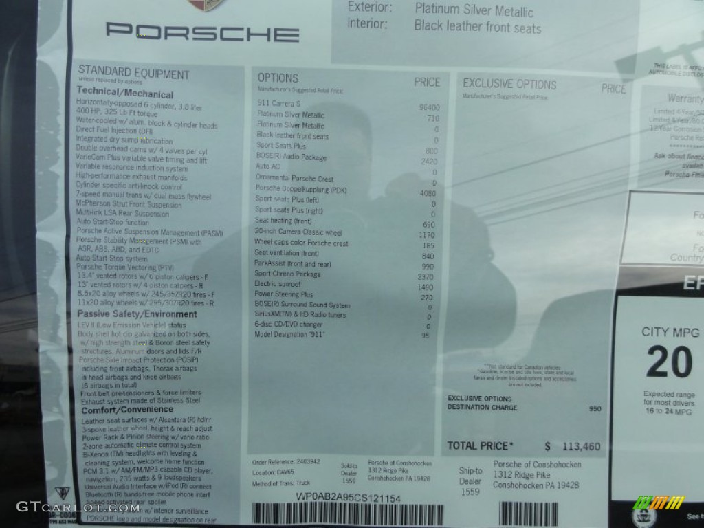 2012 Porsche New 911 Carrera S Coupe Window Sticker Photo #61002391