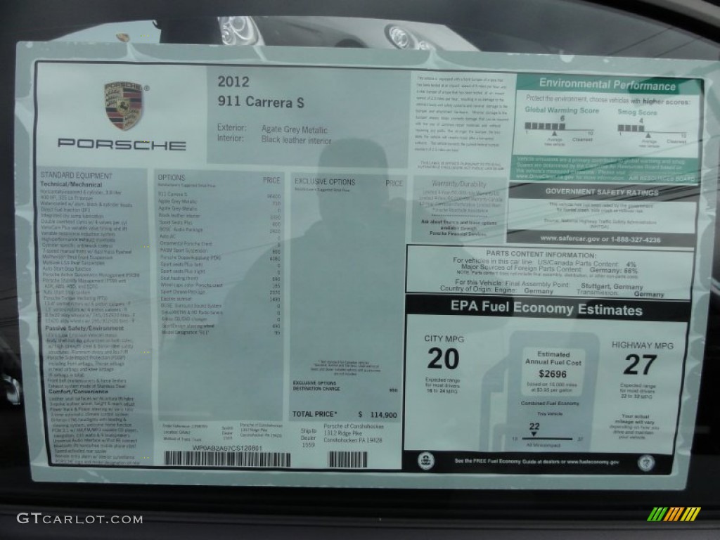 2012 Porsche New 911 Carrera S Coupe Window Sticker Photo #61002727