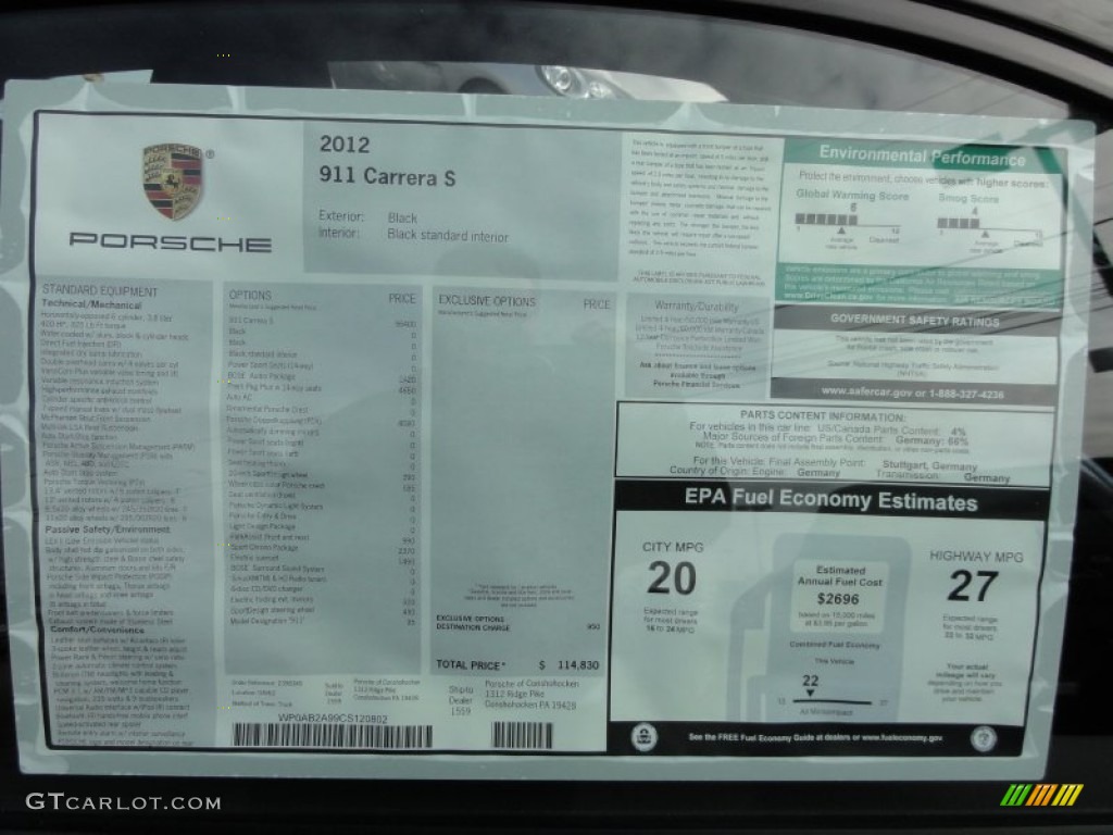 2012 Porsche New 911 Carrera S Coupe Window Sticker Photo #61003090