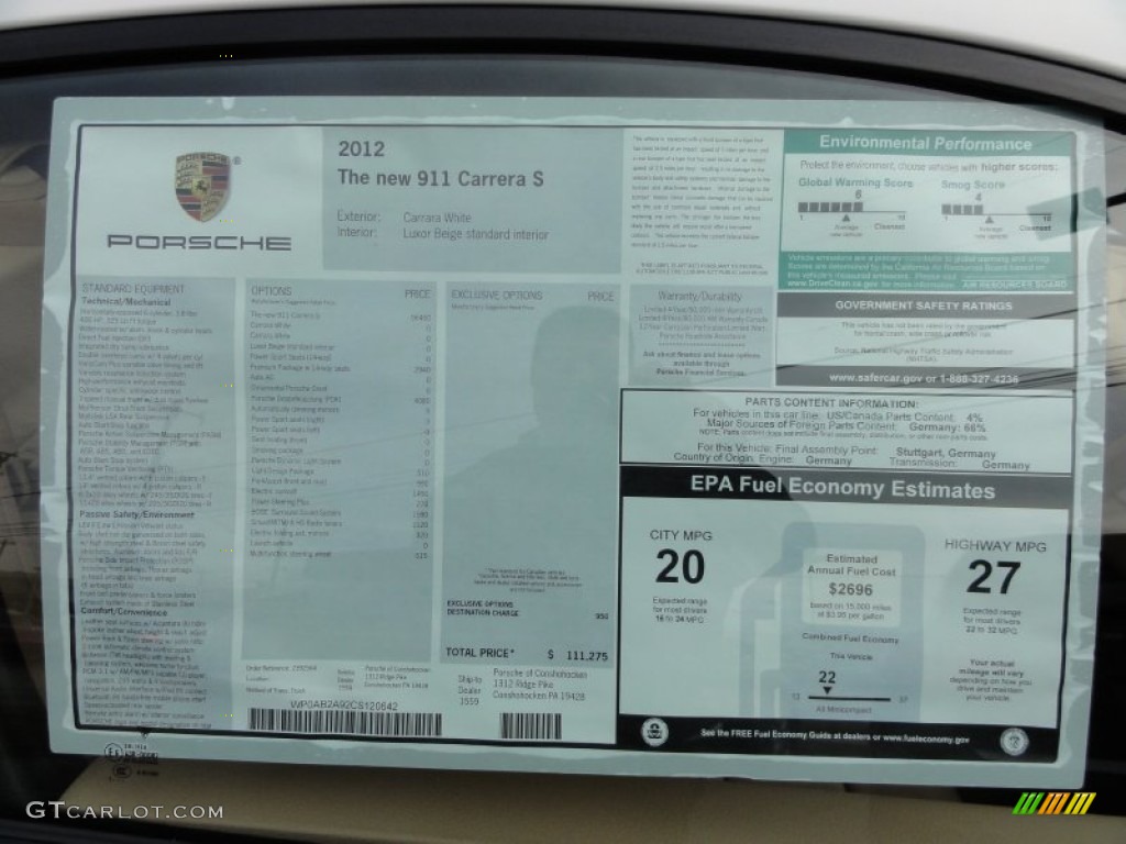 2012 Porsche New 911 Carrera S Coupe Window Sticker Photo #61003579