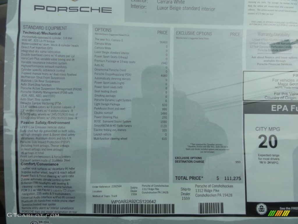 2012 Porsche New 911 Carrera S Coupe Window Sticker Photo #61003588