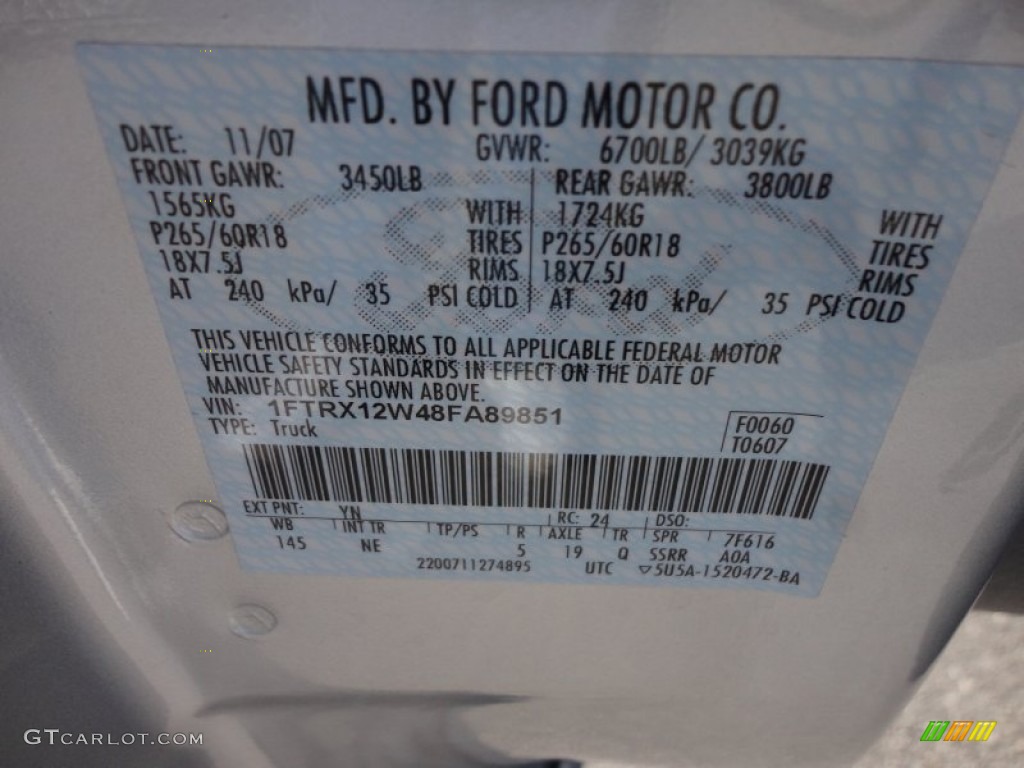 2008 Ford F150 XLT SuperCab Color Code Photos